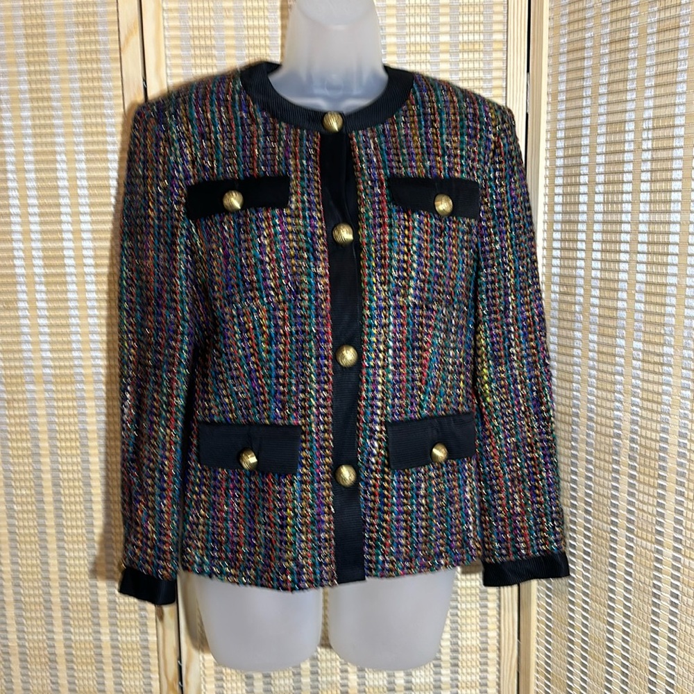 Louis Ferard Chasseur Multicolored Tweed Boucle Jacket Black Trim Size 4